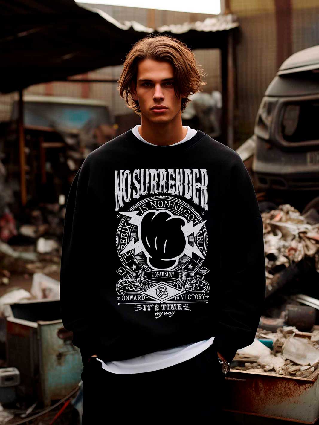 NO SURRENDER BLACK CREWNECK WHITE LIMITED EDITION