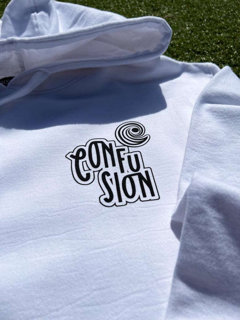 CONFUSION VARSITY WHITE HOODIE BLACK PRINT