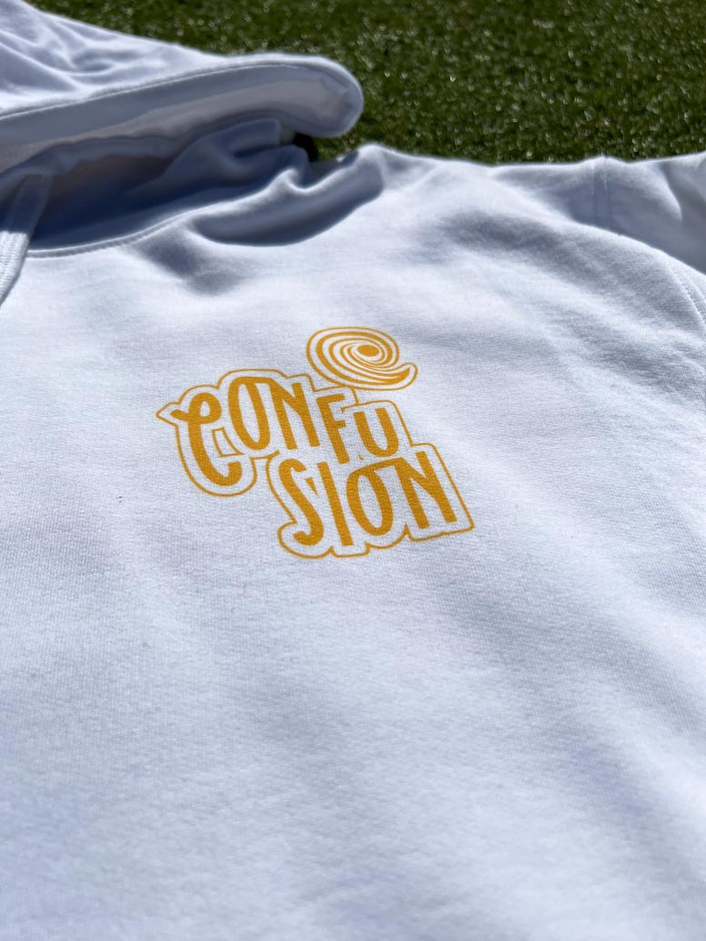 CONFUSION VARSITY WHITE HOODIE YELLOW PRINT