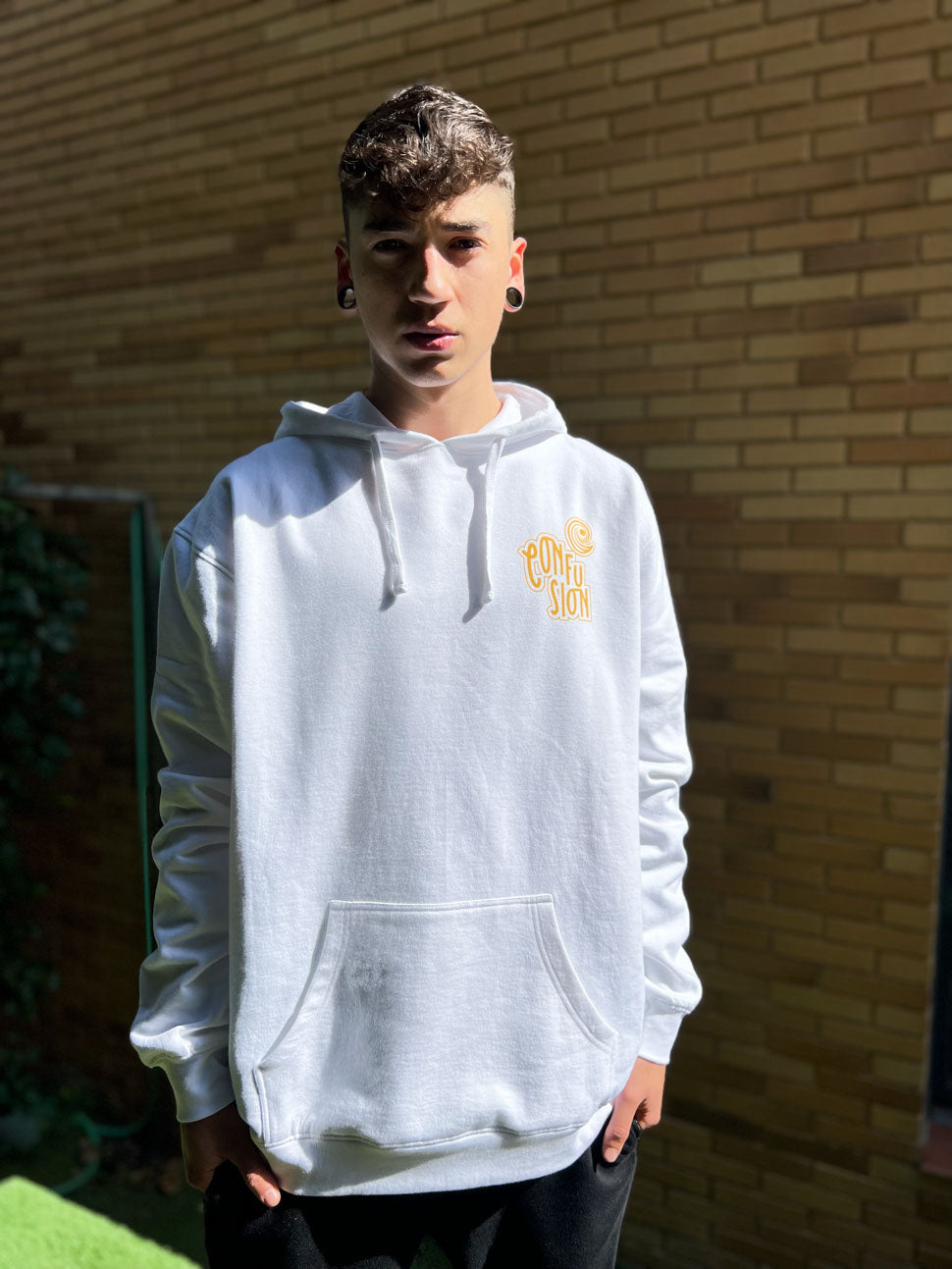 CONFUSION VARSITY WHITE HOODIE YELLOW PRINT