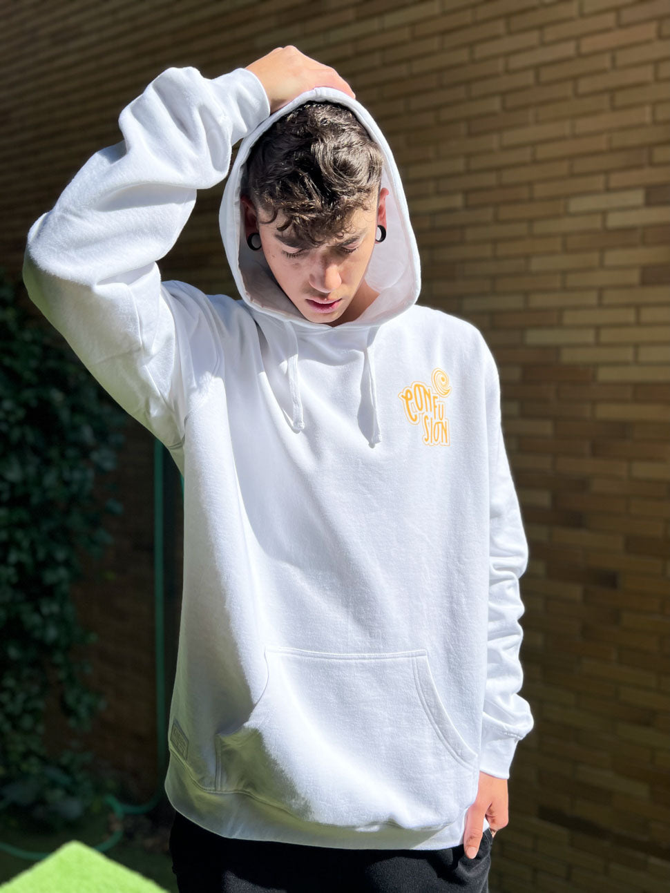 CONFUSION VARSITY WHITE HOODIE YELLOW PRINT