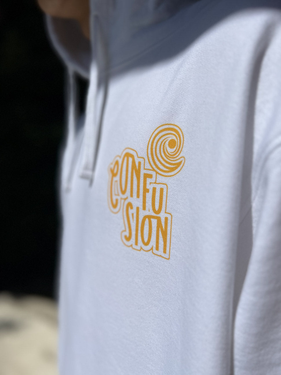 CONFUSION VARSITY WHITE HOODIE YELLOW PRINT